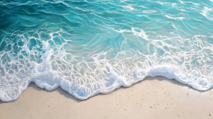Ocean Waves Crashing on Beach Sand Artistic rendition of foamy ocean waves washing ashore on a light sandy beach showcasing the rhythmic beauty of sea meeting land in soothing aqua and neutral tones