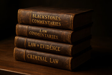 Stack of old legal books with golden lettering on wooden table in dramatic lighting