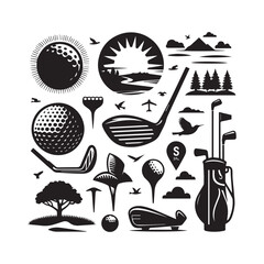 Golfing Elements with Sunrise, Birds, and Mountain Scenery golf club golf ball