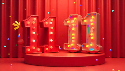 3d three glowing digits 11.11 on a glossy red pedestal, buzzing with energy