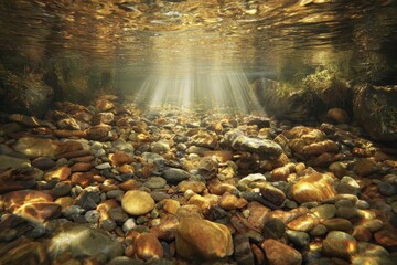 Sunlight streams through crystal-clear water, illuminating a bed of colorful river rocks, creating a serene and tranquil underwater scene.