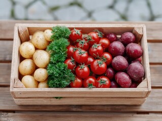 Top Down View of Wooden Crate Filled with Fresh Vegetables on Wooden Table Outdoors