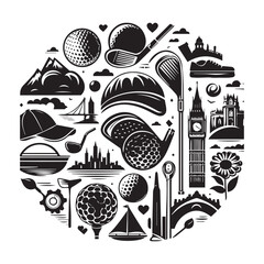 Golfing Lifestyle Collage Featuring Iconic Landmarks and Sports Equipment golf ball golf club
