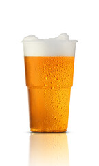 plastic mug with beer in drops