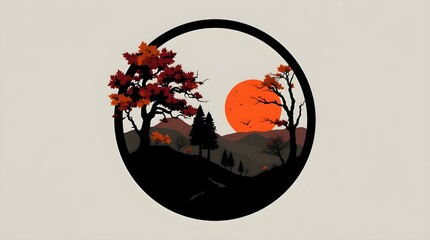 Japanese Mon style a sun trees and hills within a black and white circle icon rendered with natural earth tones black and gray background,