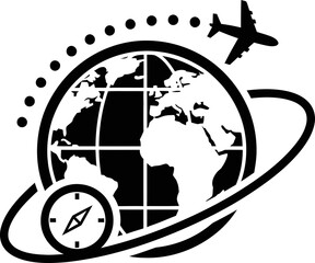 Airplane flying around the globe with a compass, travel and world tour concept, vector black and white illustration icon for website