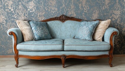 A light blue, ornate sofa with decorative pillows sits against a patterned wallpaper in a classic interior design.