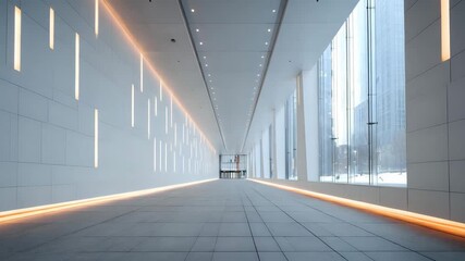 Linear white structure with long hallway facade and modern vertical lighting, minimalist precision - Powered by Adobe