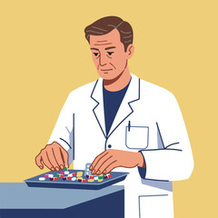 Pharmacist sorts colorful pills on a tray, wearing white coat, against yellow background