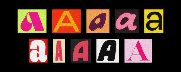 Colorful letter A tiles from magazines arranged on black background
