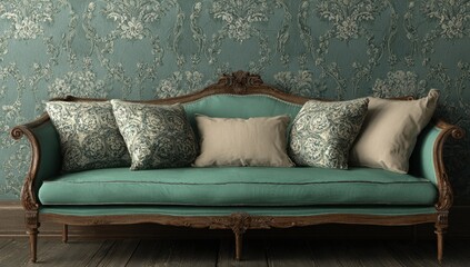 A lavish teal sofa with ornate wooden frame sits in a room adorned with a vintage teal floral wallpaper.