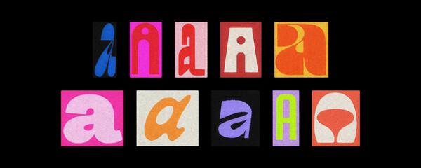 Vintage and modern letter A glyphs collage on black background
