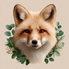 Obraz premium Realistic fox head surrounded by greenery with soft colors for a natural look