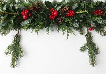 Vibrant Christmas Garland Border with Green Fir, Holly Leaves, Red Berries, and Pine Cones on White Background offering Ample Copy Space for Holiday Designs