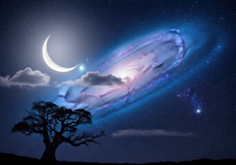 Enchanting Night Sky with Crescent Moon, Silhouetted Tree, and Radiant Galaxy against a Star-Filled Cosmos