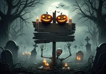 Eerie Halloween Graveyard Scene with Glowing Jack-o'-Lanterns, Rising Skeleton, and Spooky Trees Under a Full Moon