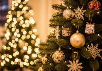 Close-up of a decorated Christmas tree with sparkling ornaments, elegant gold and silver baubles, and warm glowing lights, creating a festive holiday ambiance.
