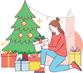 Vintage christmas tree with gifts christmas illustration