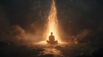 Seated person's silhouette, bathed in a warm, golden light from a celestial fire column in a dark, starry environment.  A sense of peace and introspection is evoked.