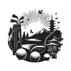 Japanese Golf Landscape with Sunrise Silhouette and Golf Elements on White Background golf ball