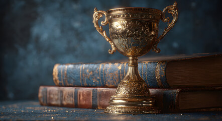 Golden trophy for graduation placed on books, set against a blue background, highlighting educational achievement