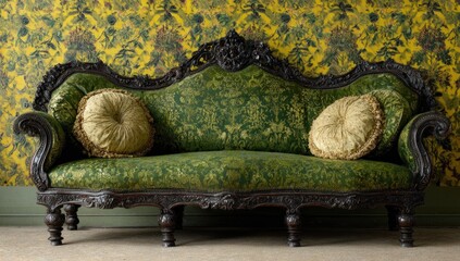 Ornate antique chaise lounge with a rich green and gold patterned upholstery, displayed against a vibrant yellow floral wallpaper.