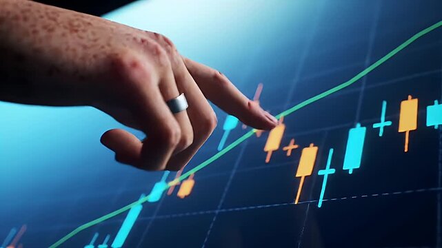 Analysis of Upward Financial Trend Stock Market Charts Shown on a Digital Screen with a Fair Skinned Hand Pointing at the Charts with a Silver Ring with a Blue Gradient Background