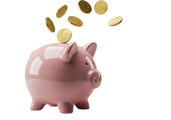 Pristine pink ceramic piggy bank, golden 10/20 euro cents suspended piercing narrow slot, isolated on transparent studio background, low-angle chiaroscuro shot, concept of savings.
