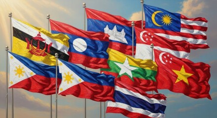 A compilation of diverse southeast asian national flags fluttering dynamically against a bright