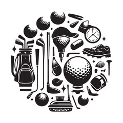 Round composition of golf equipment and accessories with a golf bag, clubs, balls, shoes, and a clock on a white background Keywords: golf, sport, round, collage, golf bag, golf clubs, golf balls