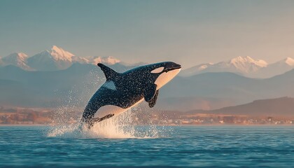 Fototapeta premium Orca leaping, vibrant sunrise over mountains