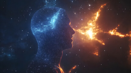 Obraz premium Digital illustration of a person's head and upper torso, with colorful, glowing energy fields emanating from the mouth, set against a backdrop of a dark cosmos.