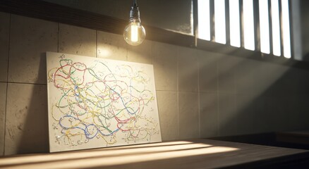 A vibrant, colorful abstract piece, crafted with numerous threads of varying hues, is showcased on a light-toned wooden surface, bathed in natural light streaming through a barred window.