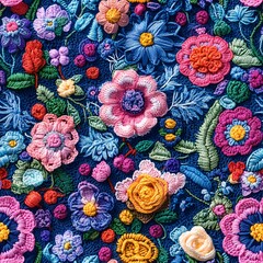 Vibrant and colorful floral tapestry with intricate crochet flowers and leaves