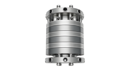 Industrial Metal Hydraulic Cylinder with Silver Finish on White Background