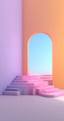 A pastel-colored archway leads to a geometric stairway of soft pinks and purples, evoking a sense of serene spaciousness.