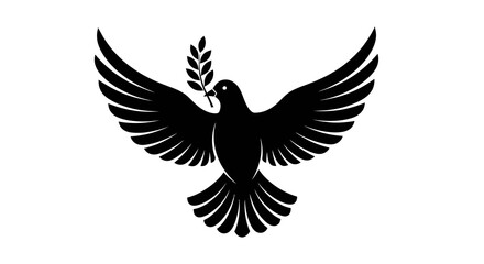 Obraz premium A black silhouette of a dove with outstretched wings holding an olive branch in its beak, symbolizing peace.