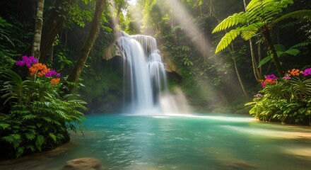 Tropical Waterfall Oasis with Lush Greenery and Vibrant Flowers.