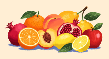 A colorful and vibrant assortment of fresh, ripe fruits including oranges, peaches, pomegranates, lemons, and an apple, some whole and some sliced.