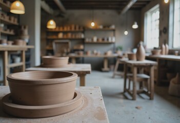 Pottery workshop layout featuring wheels and clay storage in a creative space