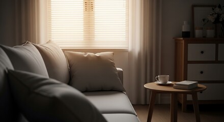Fototapeta premium A cozy living room scene featuring a sofa, side table, and natural light streaming through the window