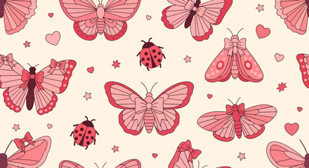 A charming seamless pattern featuring pink butterflies, moths, and ladybugs adorned with bows, hearts, and stars.