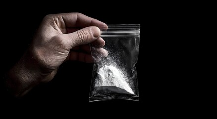 A hand holding a small plastic bag with white powder , symbolizing illegal drugs, addiction issues, crime, and substance abuse awareness