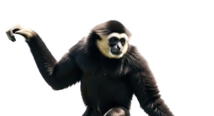 Obraz premium A black furred gibbon with a cream face, extending its arm with an isolated background
