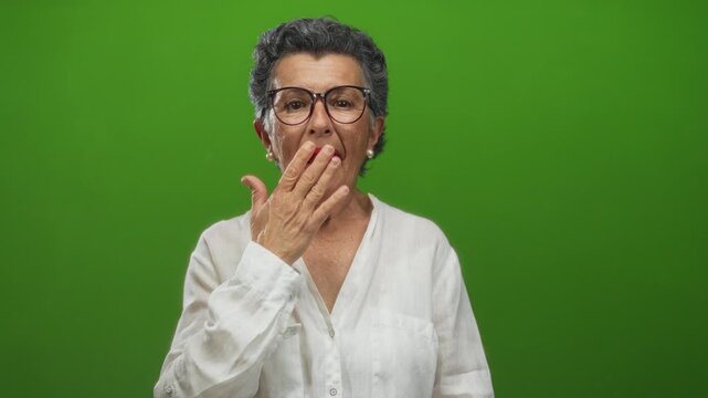 Woman with grey hair covers mouth in surprise against a vibrant green background wearing glasses and a white shirt, displaying emotions that convey shock or realization vividly.