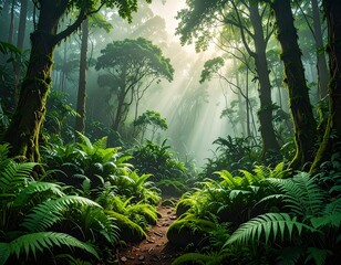 Sunbeams pierce a misty, lush rainforest, illuminating a path through vibrant green foliage