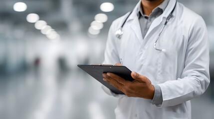 A doctor in a white coat writes notes on a clipboard in a modern bright medical facility