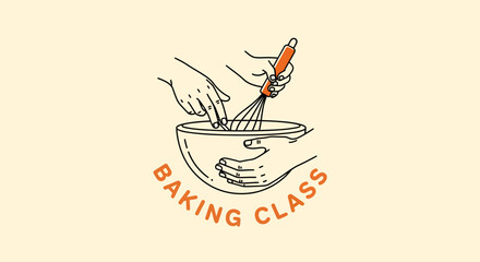 Minimalist line art illustration of hands mixing ingredients in a bowl with a whisk, featuring 'Baking Class' text.