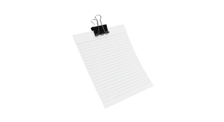 Note paper with binder clip isolated on white isolated on transparent background