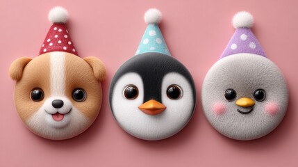 Obraz premium Cute cartoon animals celebrate with party hats for a joyful occasion
